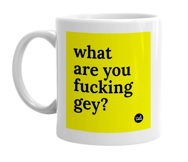 White mug with 'what are you fucking gey?' in bold black letters