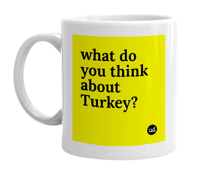 White mug with 'what do you think about Turkey?' in bold black letters