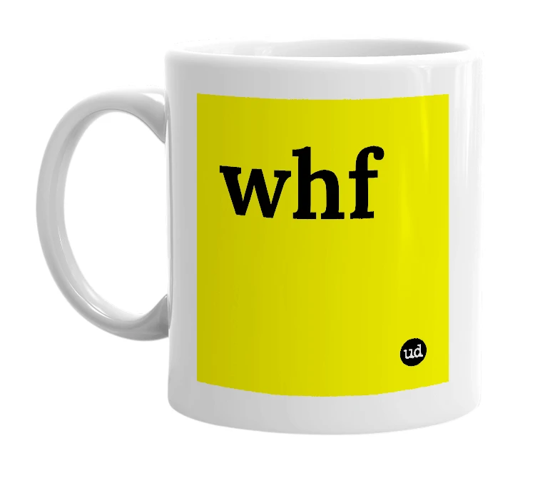 White mug with 'whf' in bold black letters