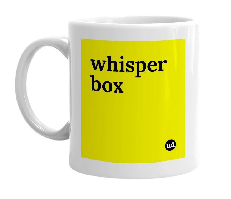 White mug with 'whisper box' in bold black letters