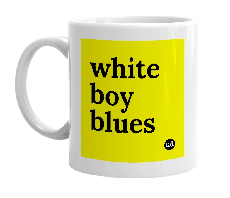 White mug with 'white boy blues' in bold black letters