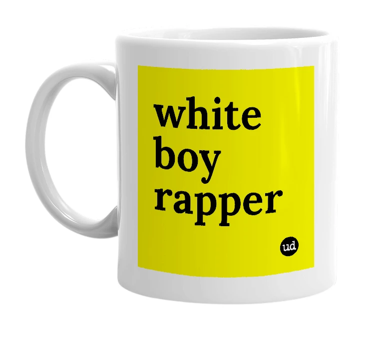 White mug with 'white boy rapper' in bold black letters
