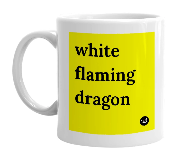 White mug with 'white flaming dragon' in bold black letters