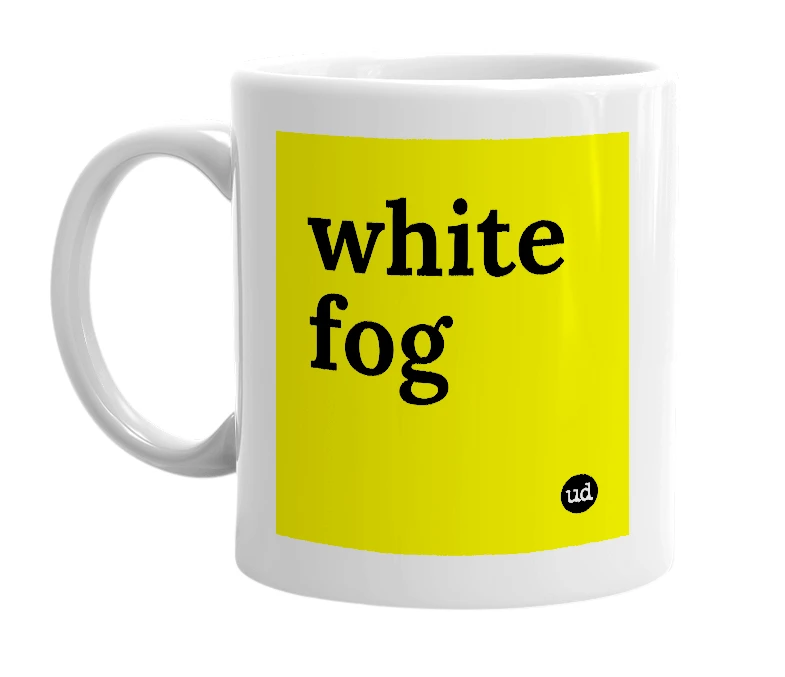 White mug with 'white fog' in bold black letters