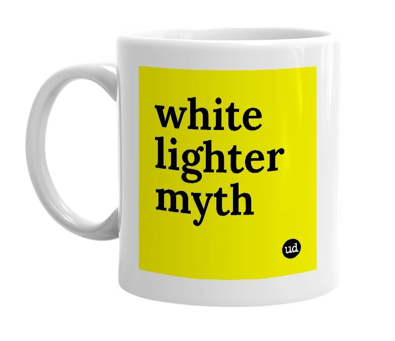 White mug with 'white lighter myth' in bold black letters