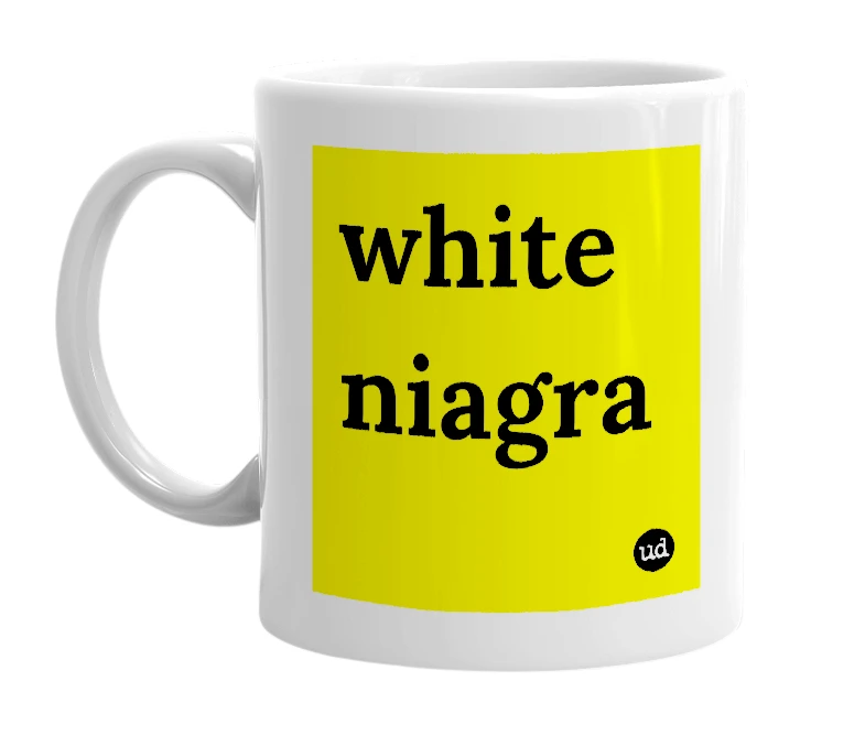 White mug with 'white niagra' in bold black letters