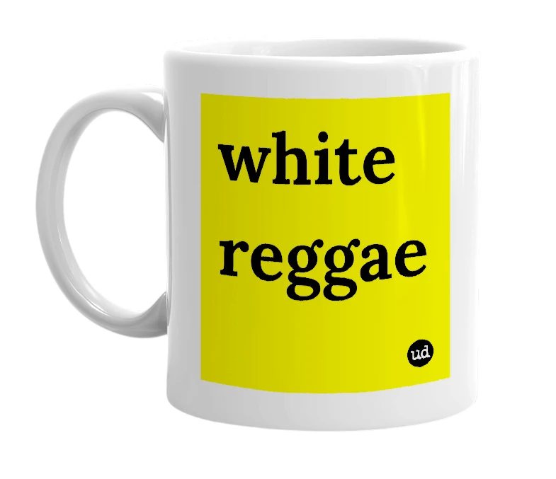 White mug with 'white reggae' in bold black letters