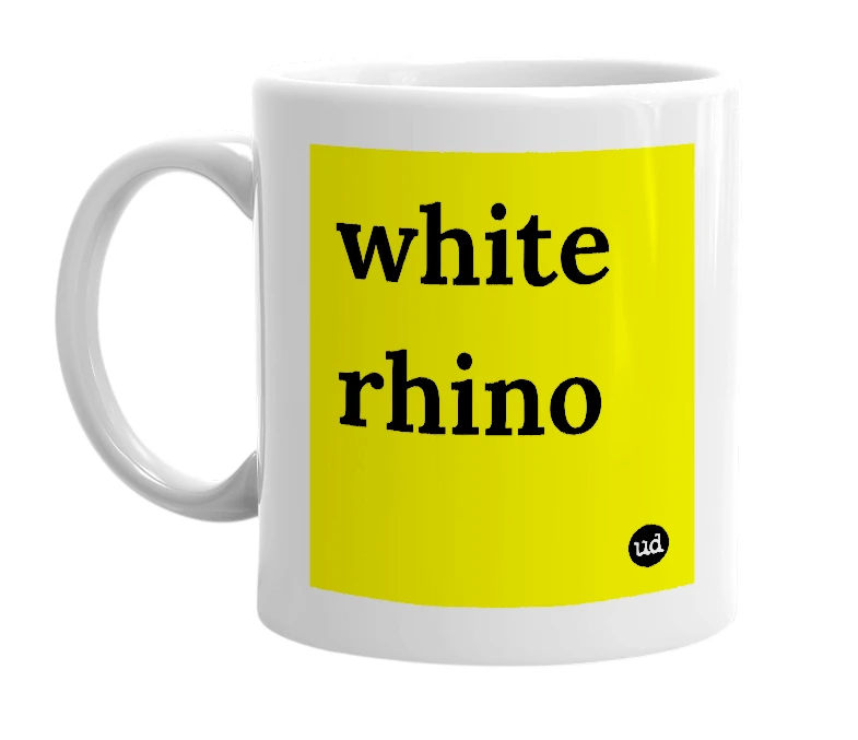 White mug with 'white rhino' in bold black letters