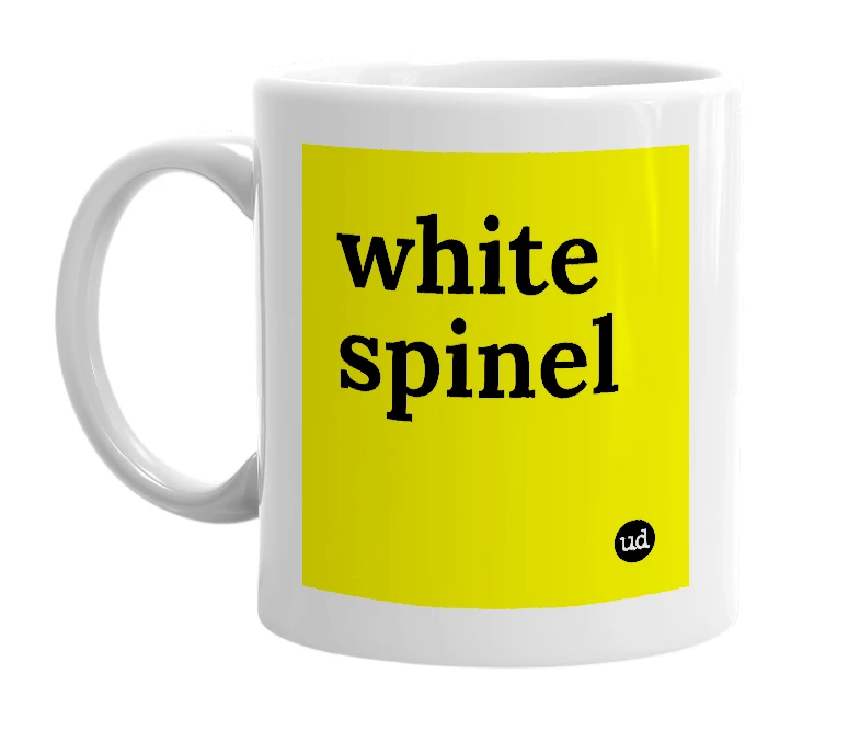 White mug with 'white spinel' in bold black letters