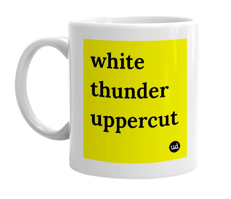 White mug with 'white thunder uppercut' in bold black letters