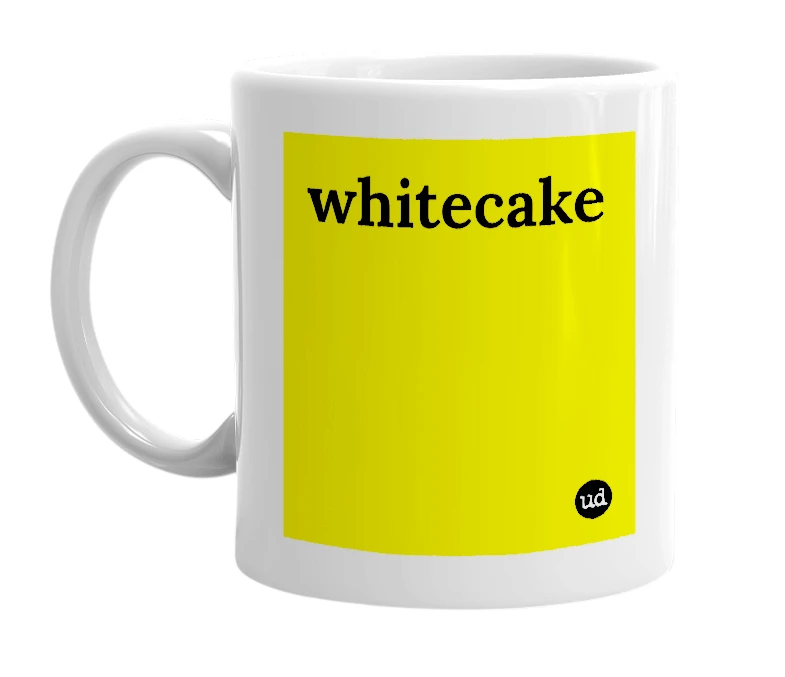 White mug with 'whitecake' in bold black letters