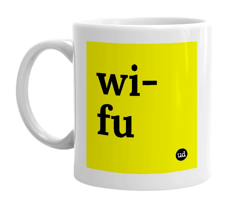 White mug with 'wi-fu' in bold black letters