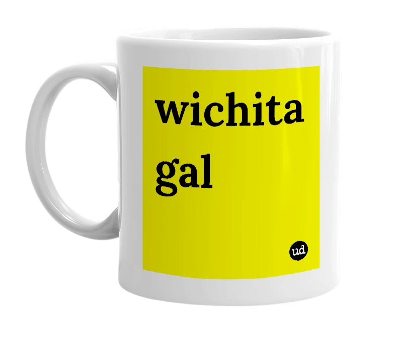 White mug with 'wichita gal' in bold black letters