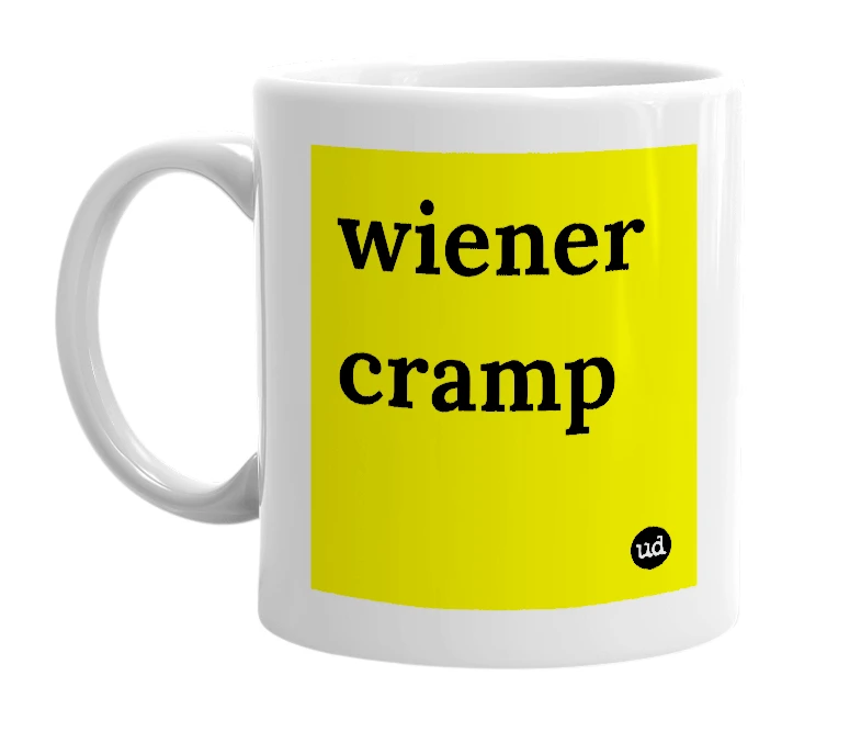 White mug with 'wiener cramp' in bold black letters