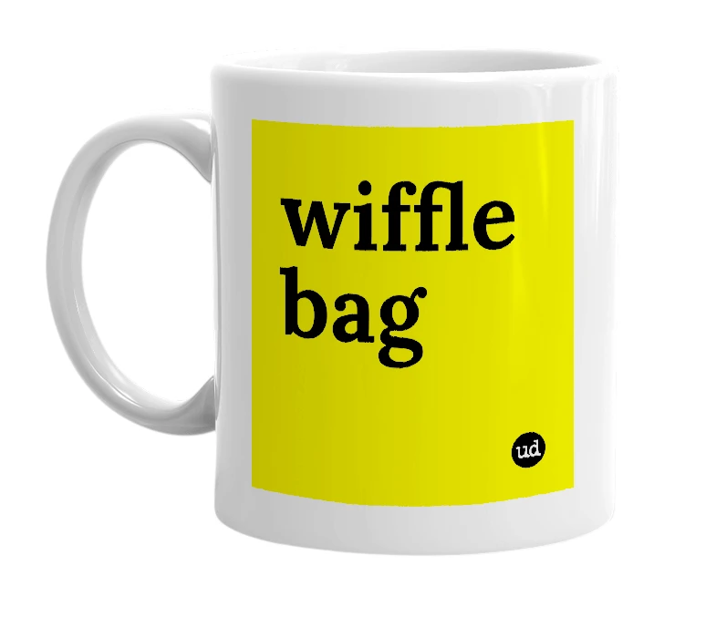 White mug with 'wiffle bag' in bold black letters