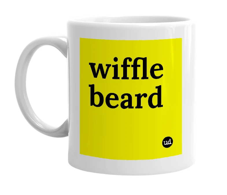 White mug with 'wiffle beard' in bold black letters