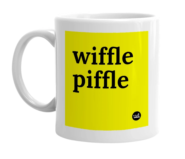 White mug with 'wiffle piffle' in bold black letters