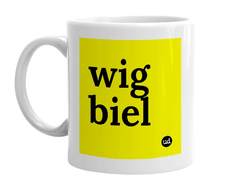 White mug with 'wig biel' in bold black letters