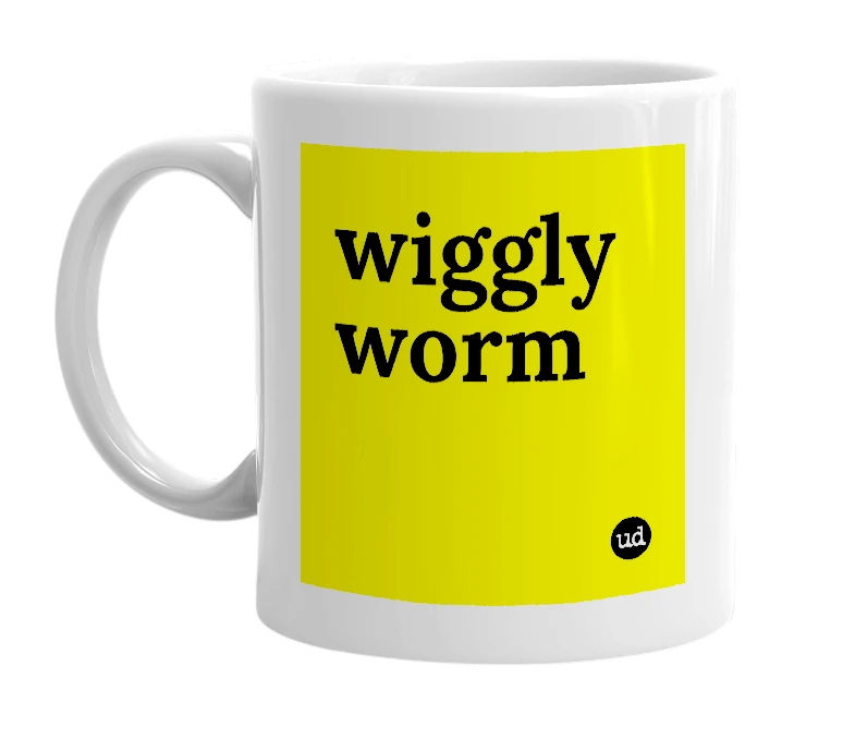 White mug with 'wiggly worm' in bold black letters