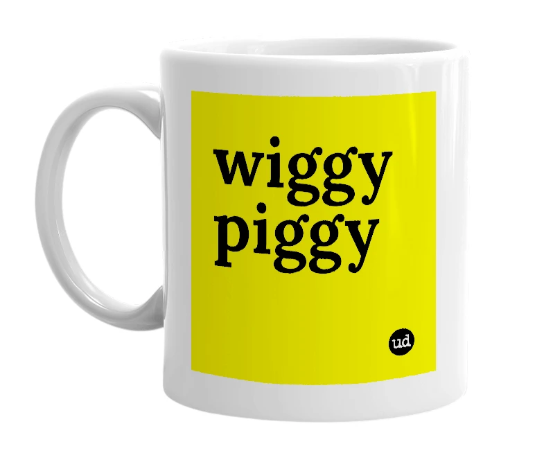White mug with 'wiggy piggy' in bold black letters