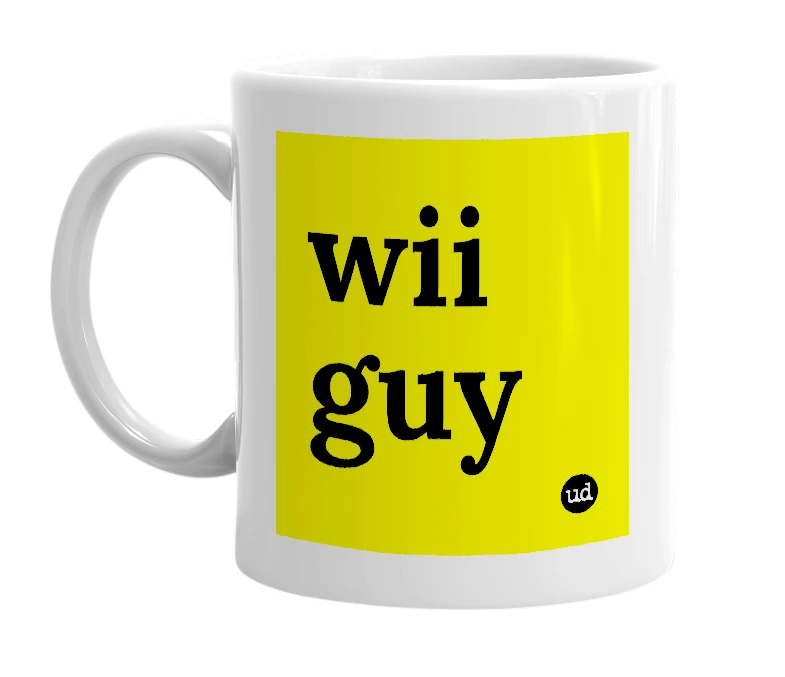 White mug with 'wii guy' in bold black letters
