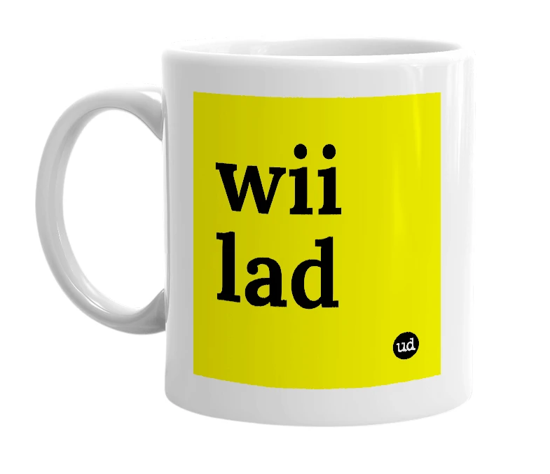 White mug with 'wii lad' in bold black letters