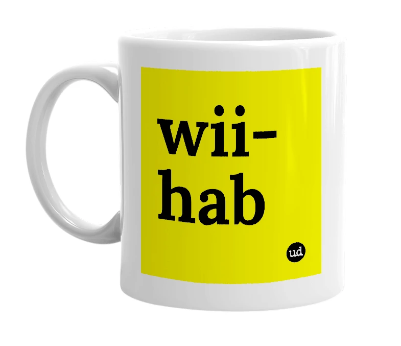 White mug with 'wii-hab' in bold black letters