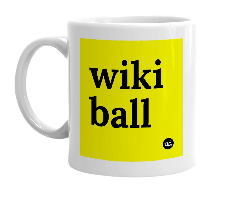 White mug with 'wiki ball' in bold black letters