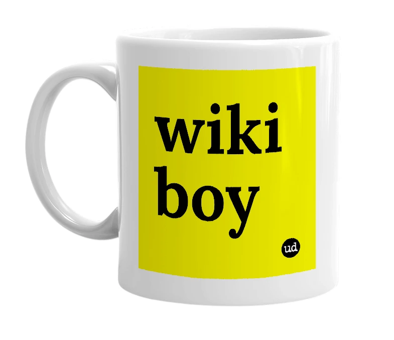 White mug with 'wiki boy' in bold black letters