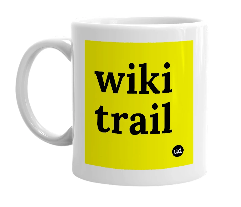 White mug with 'wiki trail' in bold black letters