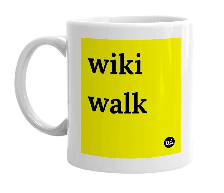 White mug with 'wiki walk' in bold black letters