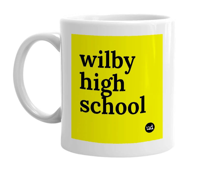 White mug with 'wilby high school' in bold black letters