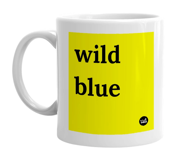 White mug with 'wild blue' in bold black letters
