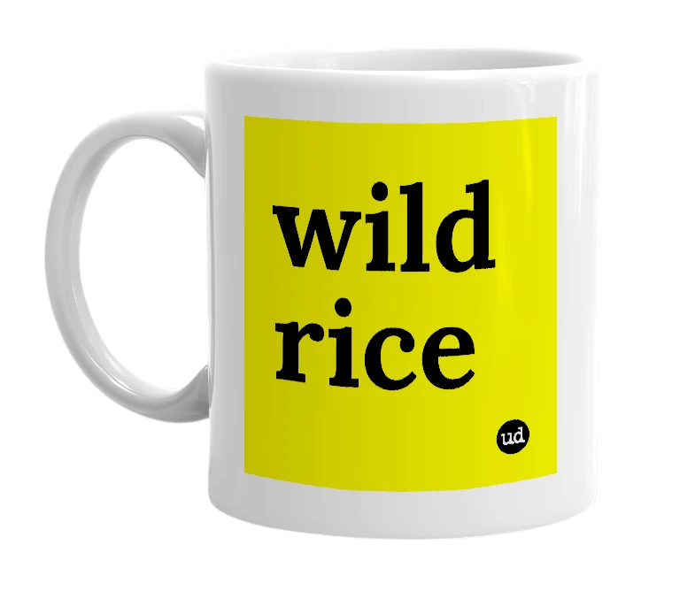 White mug with 'wild rice' in bold black letters
