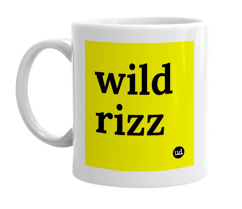 White mug with 'wild rizz' in bold black letters