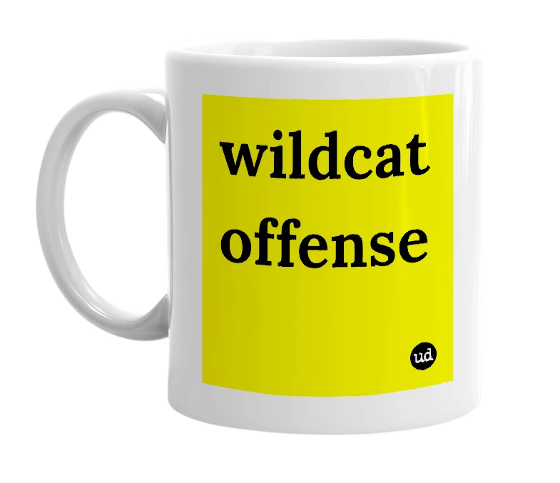 White mug with 'wildcat offense' in bold black letters