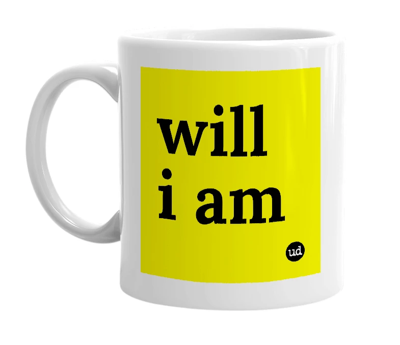 White mug with 'will i am' in bold black letters