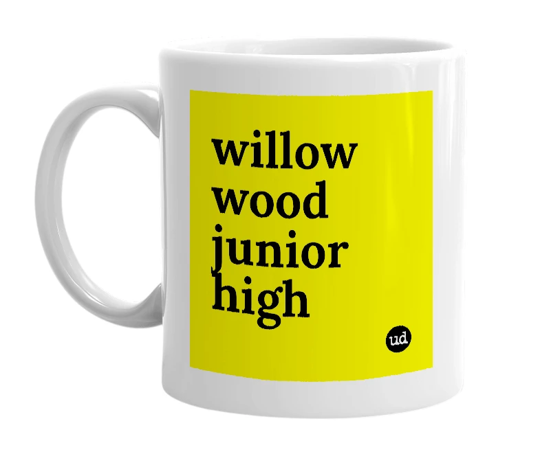 White mug with 'willow wood junior high' in bold black letters