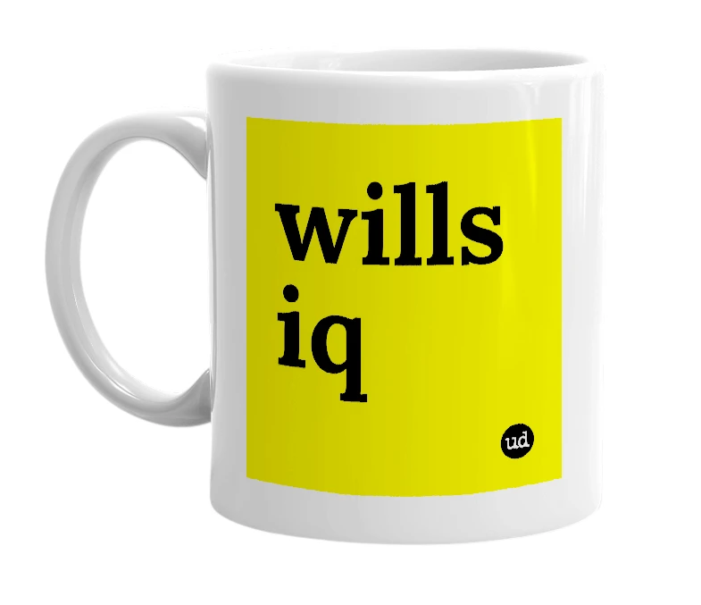 White mug with 'wills iq' in bold black letters