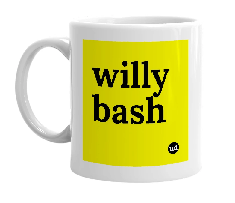 White mug with 'willy bash' in bold black letters