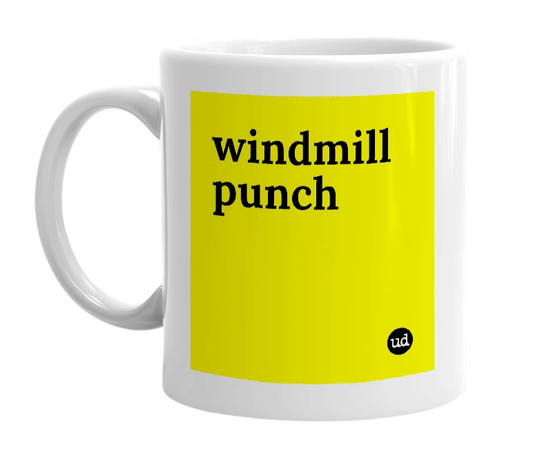 White mug with 'windmill punch' in bold black letters