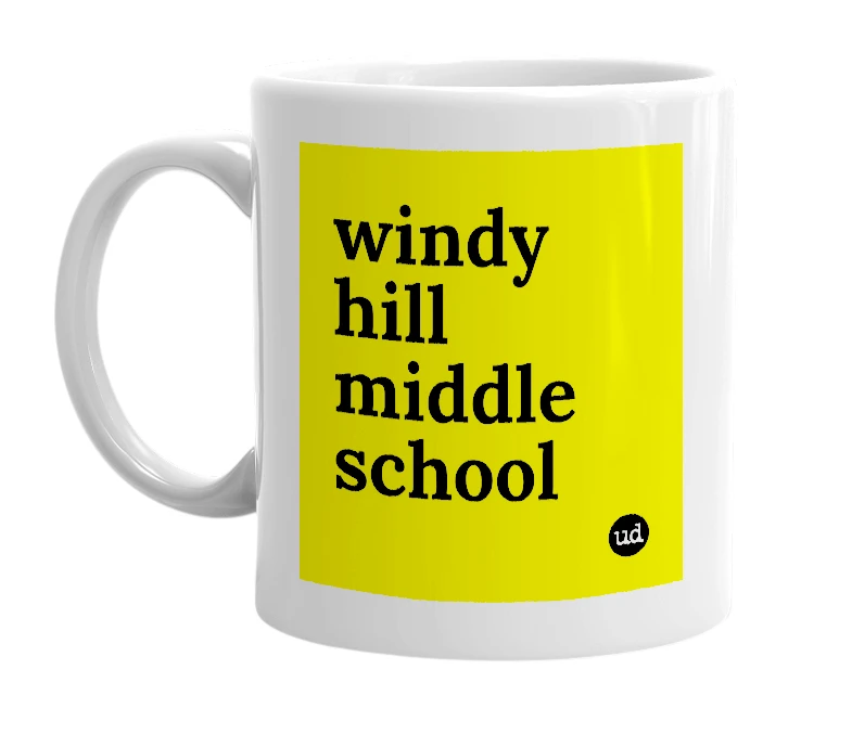 White mug with 'windy hill middle school' in bold black letters