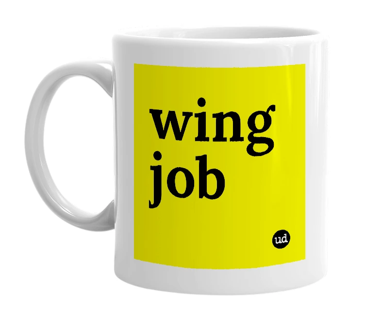 White mug with 'wing job' in bold black letters