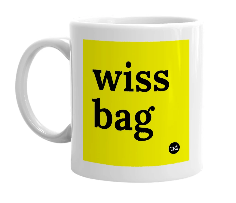 White mug with 'wiss bag' in bold black letters