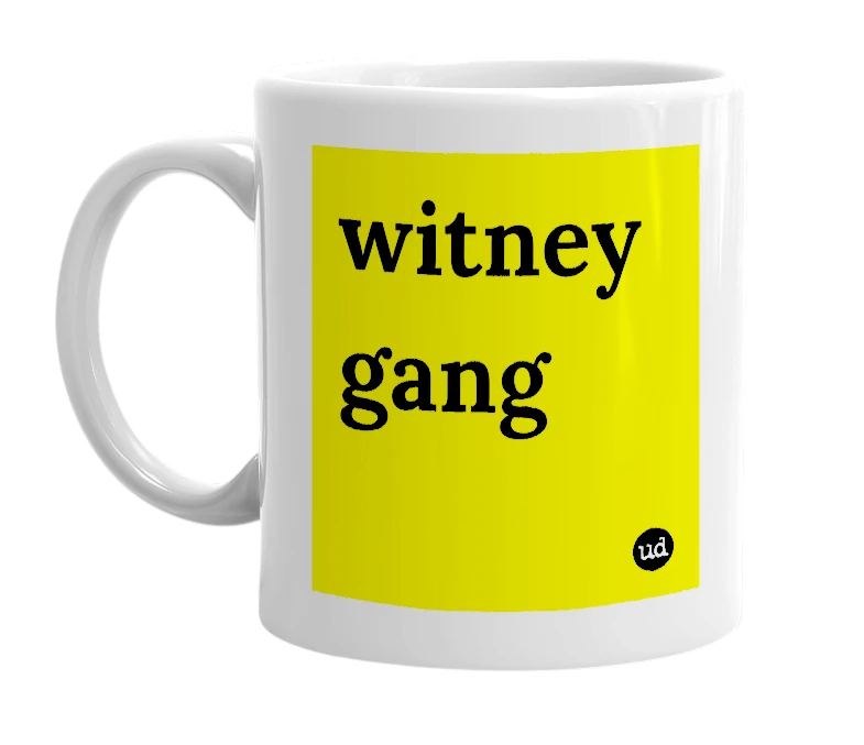 White mug with 'witney gang' in bold black letters