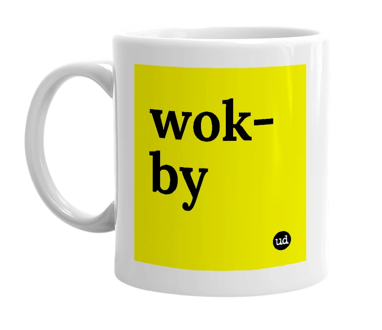 White mug with 'wok-by' in bold black letters