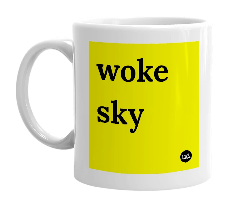 White mug with 'woke sky' in bold black letters
