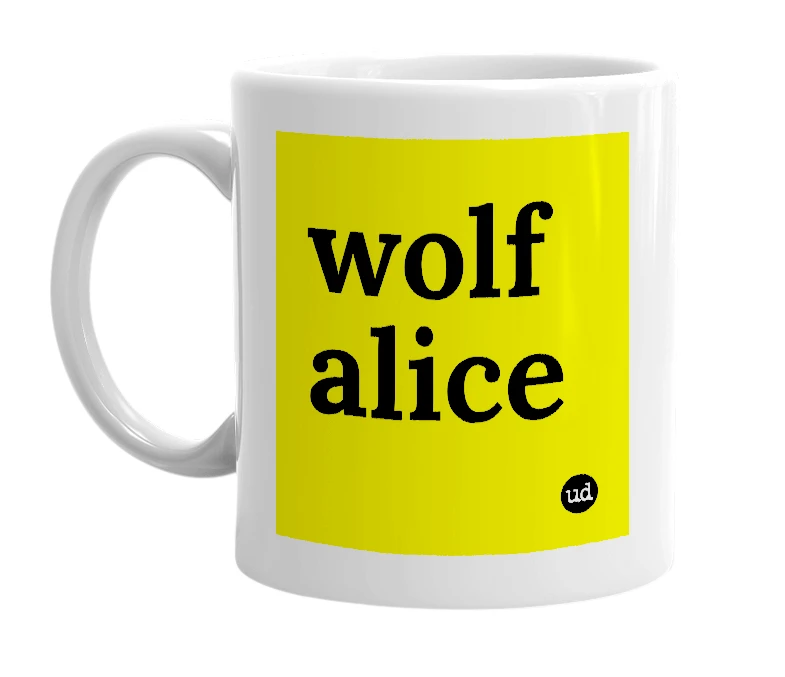 White mug with 'wolf alice' in bold black letters