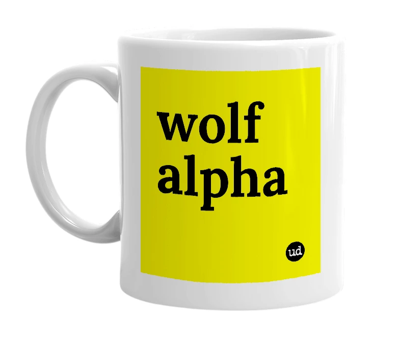 White mug with 'wolf alpha' in bold black letters