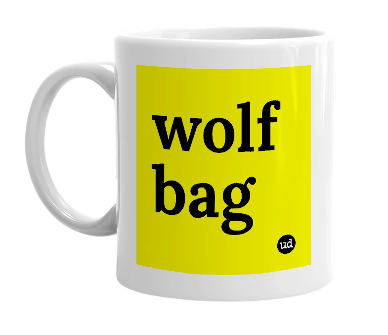White mug with 'wolf bag' in bold black letters